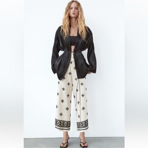 ZARA Écru Flowing High Waist Linen Trousers Wide Leg Embroidered Culottes